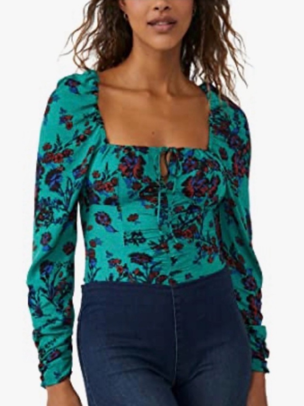 Free People Hilary Printed Top. Teal Green Floral Square-Neck Crop